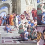 Même salle, l'école d'Athènes avec Platon avec la tête de Léonard de Vinci et Aristote. Qui trouvera Raphaël?