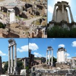 Vues sur le forum romain et les vestiges du temple des Dioscuri (ou de Castor et Pollux) et du temple de Vesta